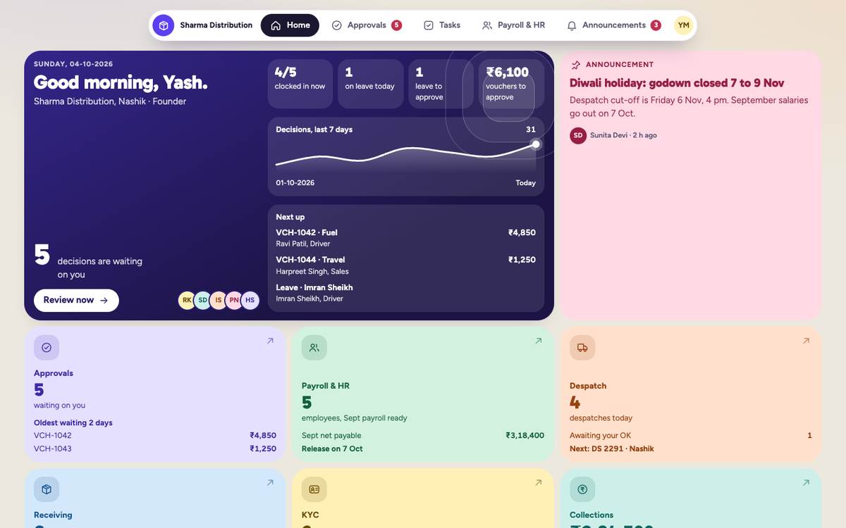 The Stemzo web Home screen: decisions waiting, module tiles for approvals, payroll, despatch, KYC and collections